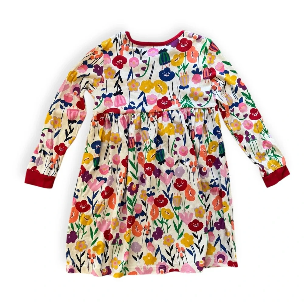 Hanna Andersson Girls Long Sleeve Floral Dress Red Trim/Buttons Size 120 (6-7)